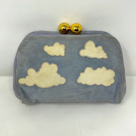 Moschino Blue White Suede Leather Clouds Clutch Bag Purse - Picture 3 of 15